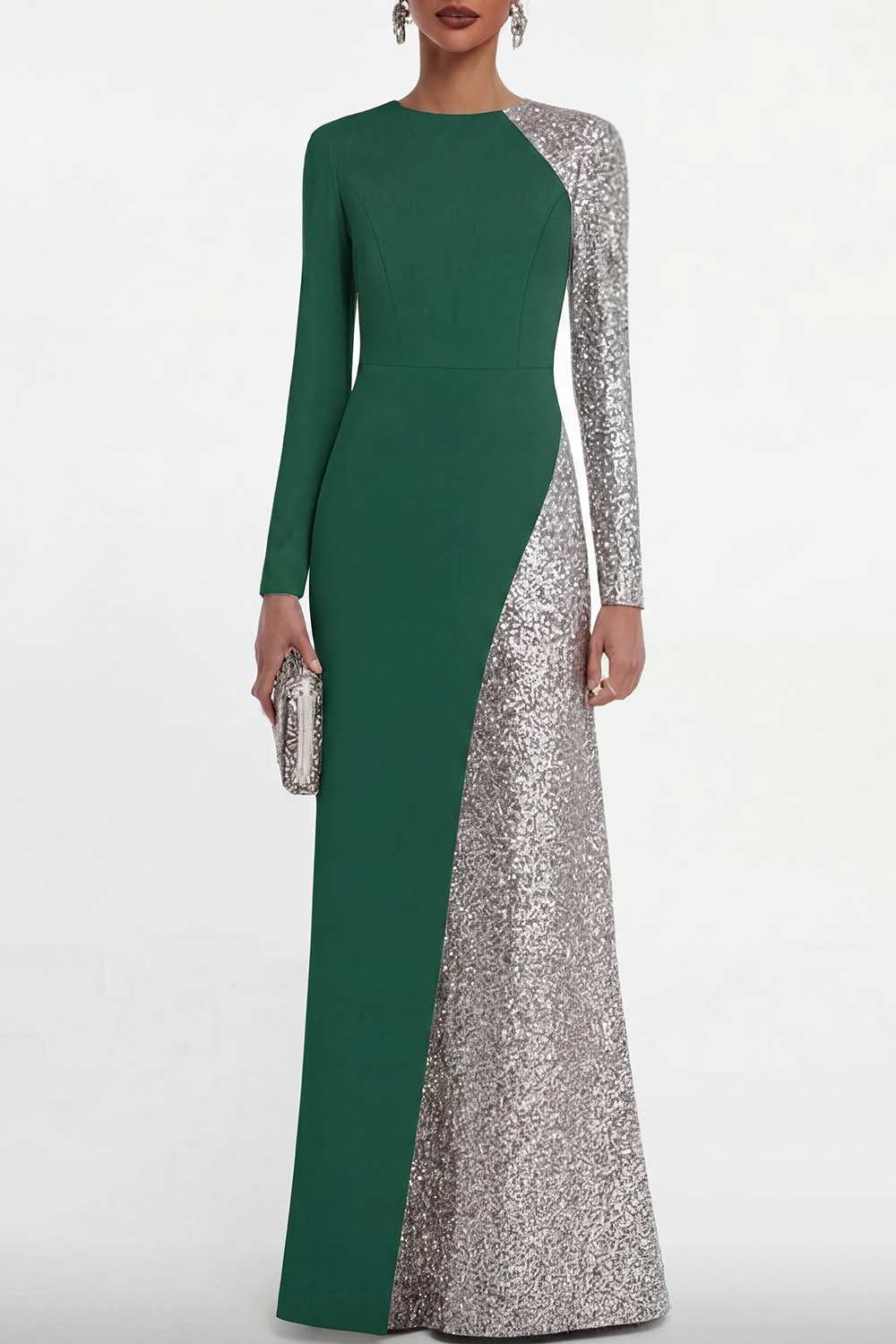 Formal Dress Blue Crew Neck Sequin Maxi Mother of the Bride Dress