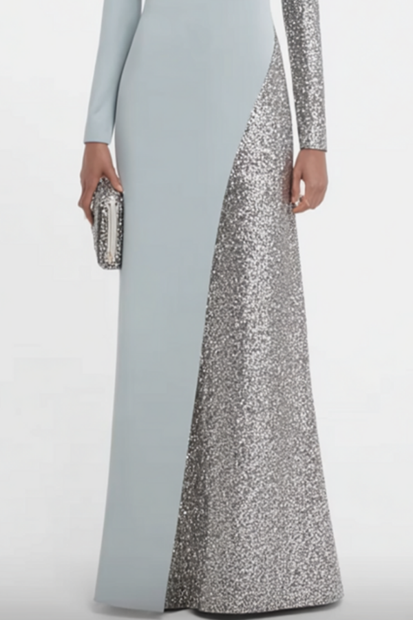 Formal Evening Dress Blue Crew Neck Maxi Long Sleeve Dress
