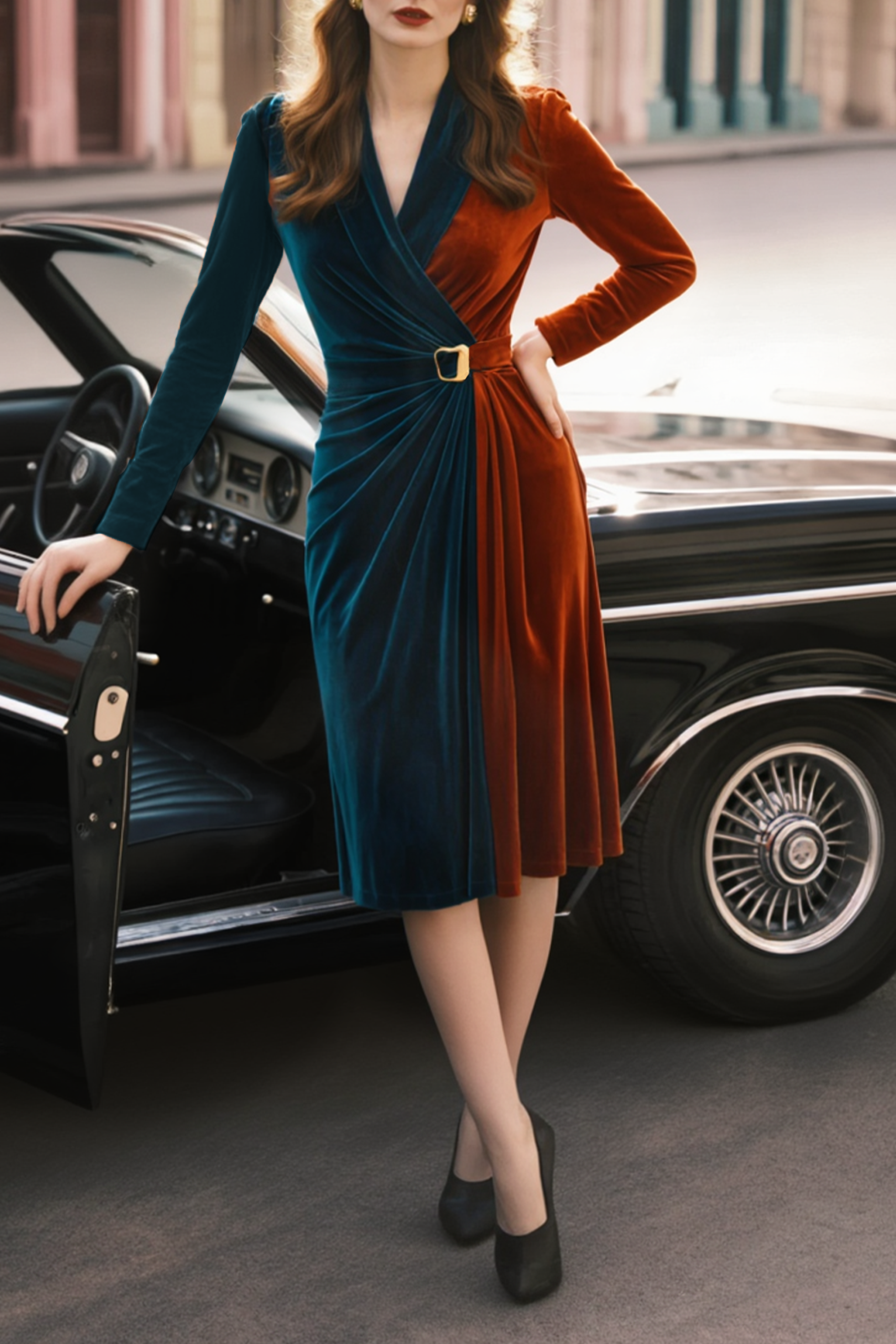 Cocktail Party Dress Blue V Neck Velvet Midi Long Sleeve Dress