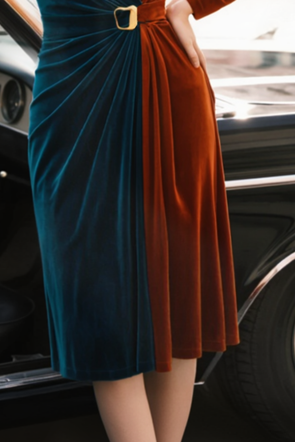 Cocktail Party Dress Blue V Neck Velvet Midi Long Sleeve Dress