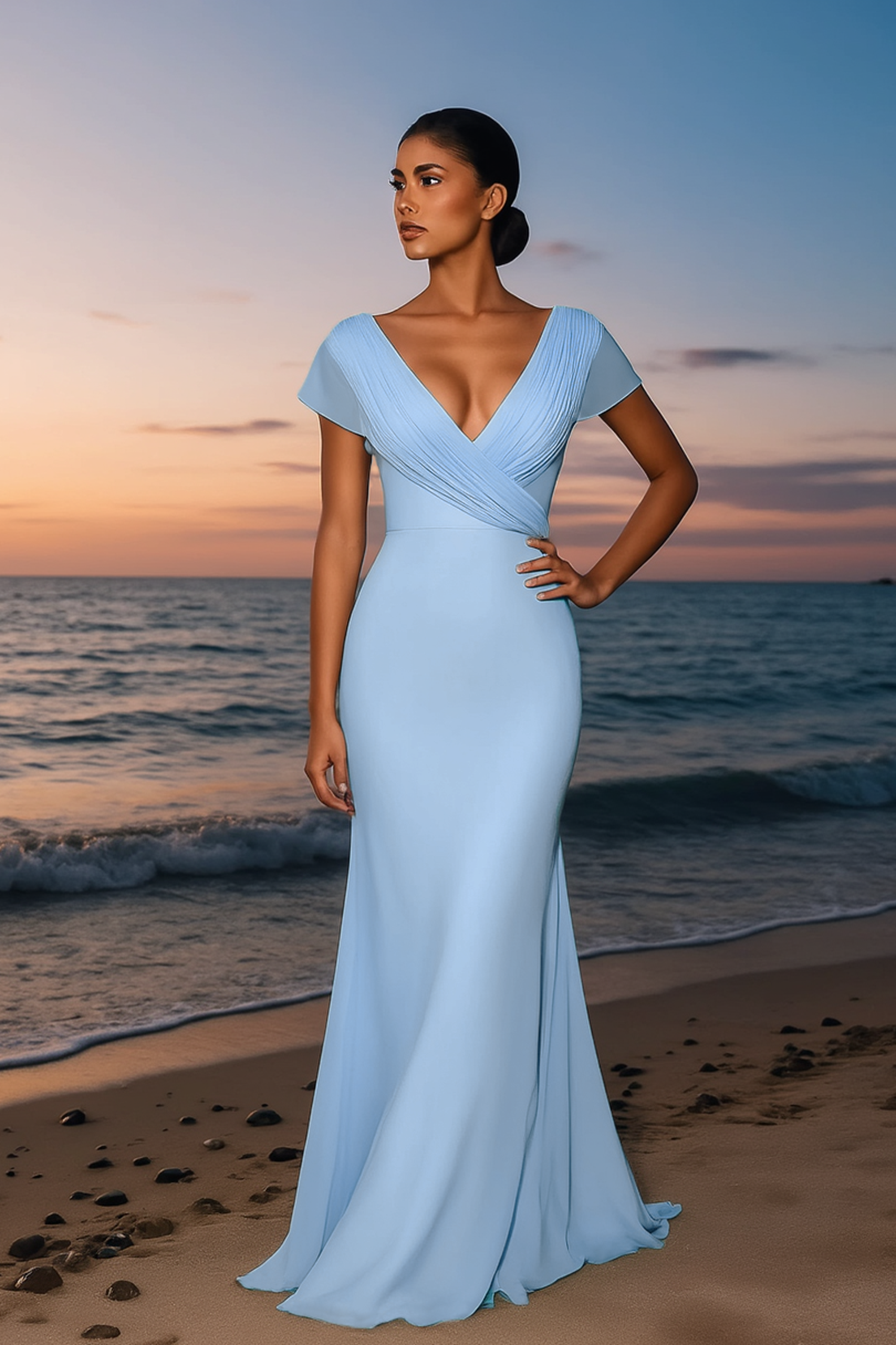 Formal Evening Dress Blue V Neck Maxi Dress-chiclody