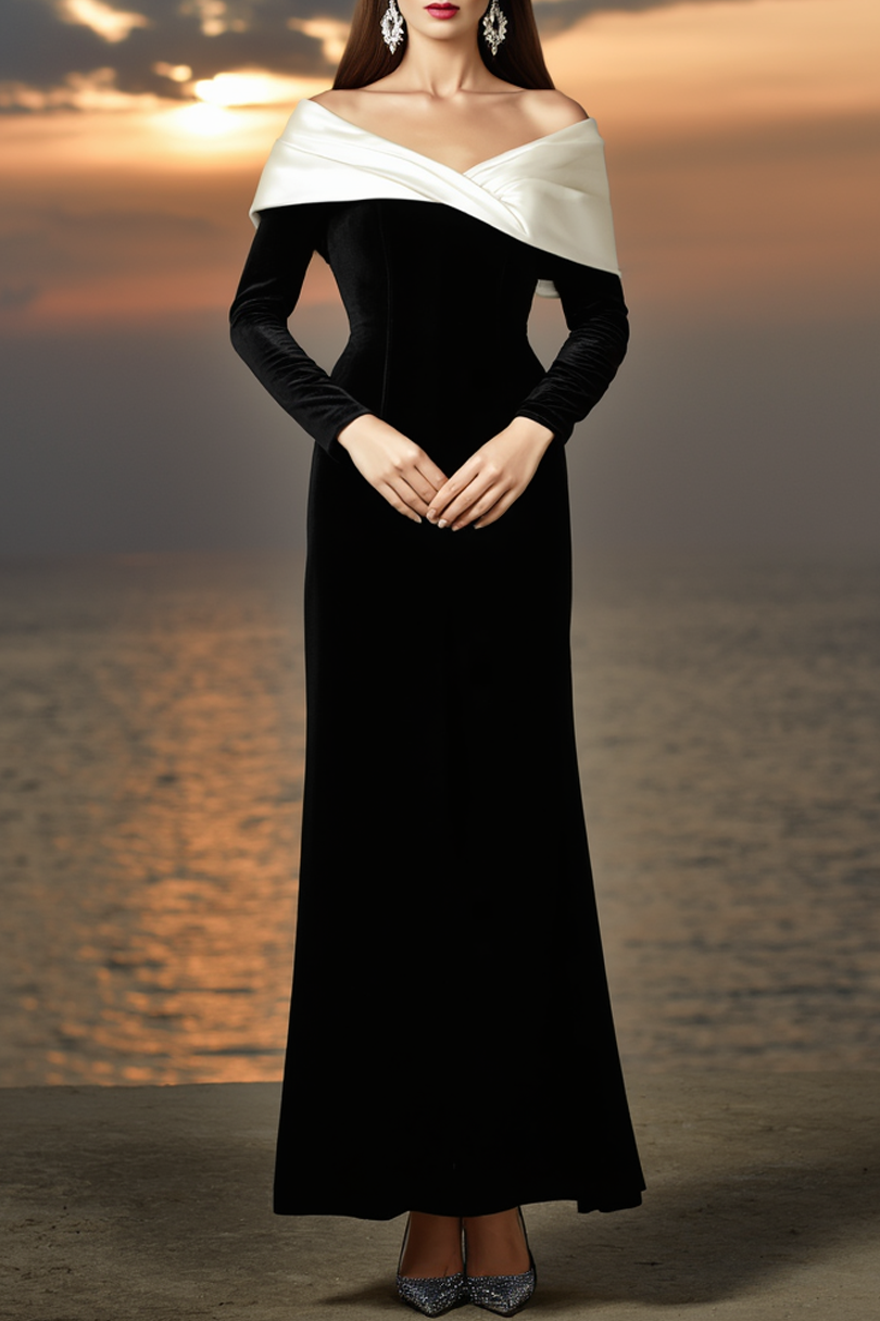 Formal Evening Dress Black White V Neck Maxi Long Sleeve Dress