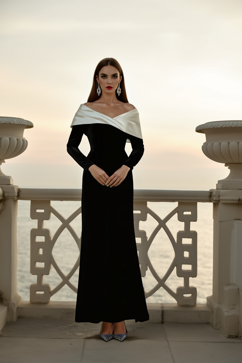 Formal Evening Dress Black White V Neck Maxi Long Sleeve Dress