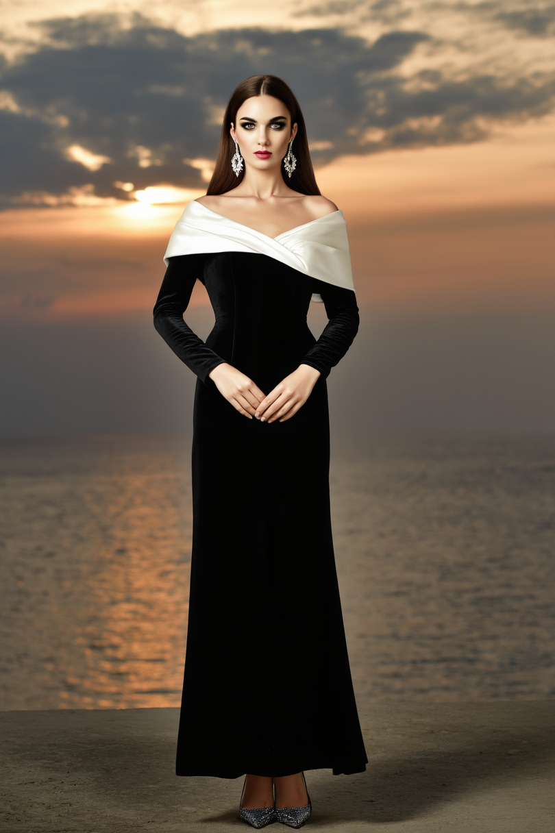 Formal Evening Dress Black White V Neck Maxi Long Sleeve Dress
