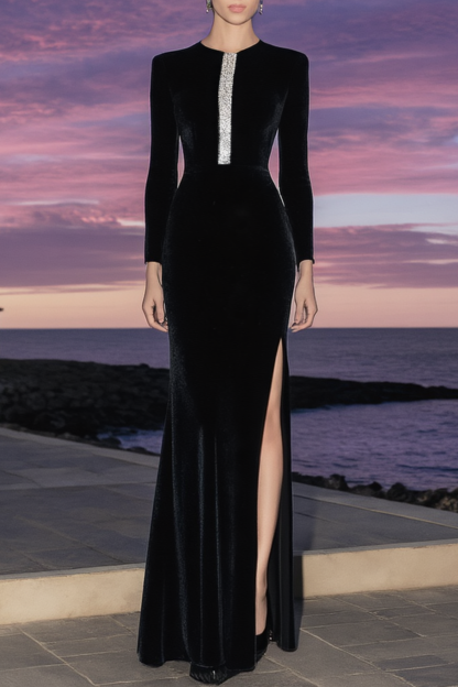 Formal Evening Dress Black Crew Neck Maxi Long Sleeve Dress