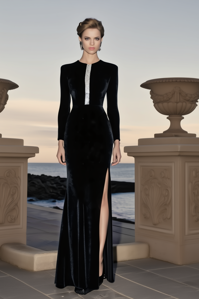 Formal Evening Dress Black Crew Neck Maxi Long Sleeve Dress
