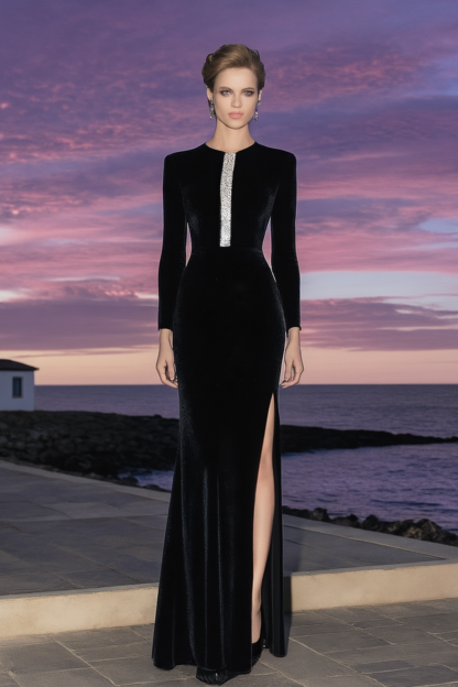Formal Evening Dress Black Crew Neck Maxi Long Sleeve Dress