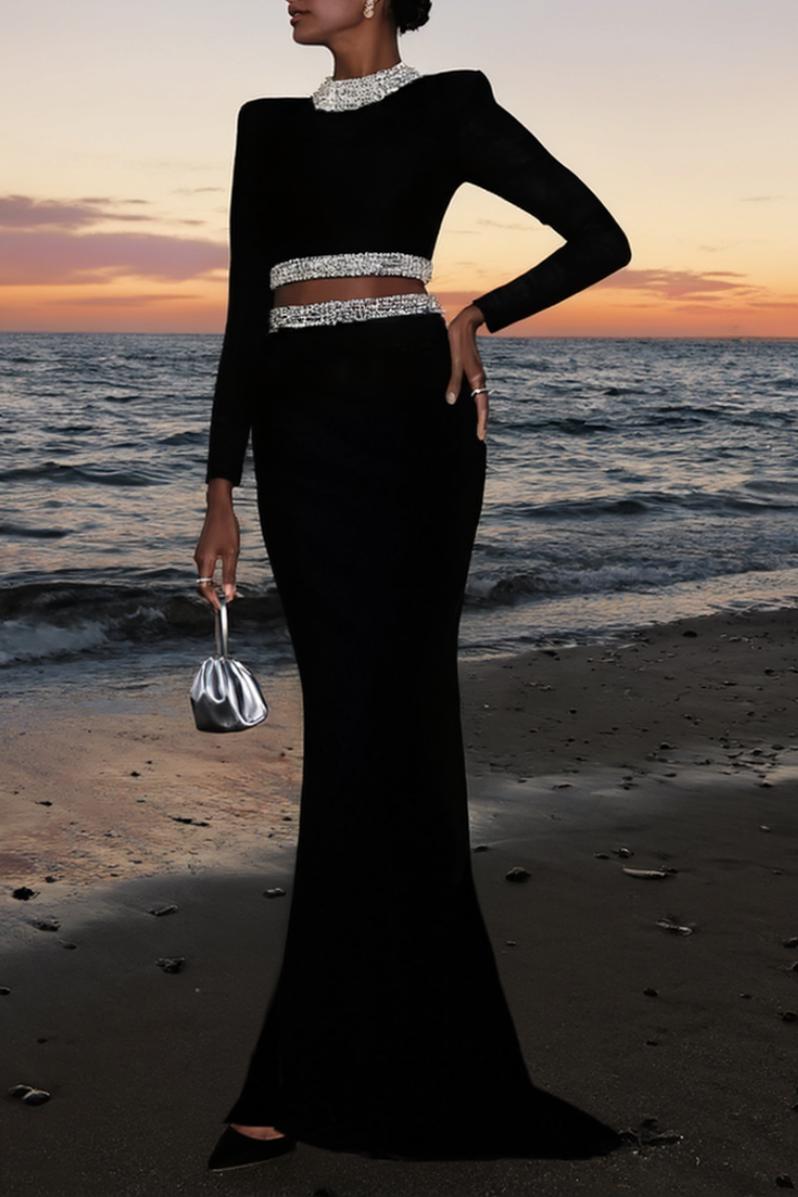 Formal Evening Outfit Sets Dress Black Maxi Long Sleeve Skirts Set