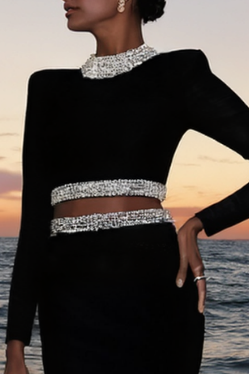 Formal Evening Outfit Sets Dress Black Maxi Long Sleeve Skirts Set