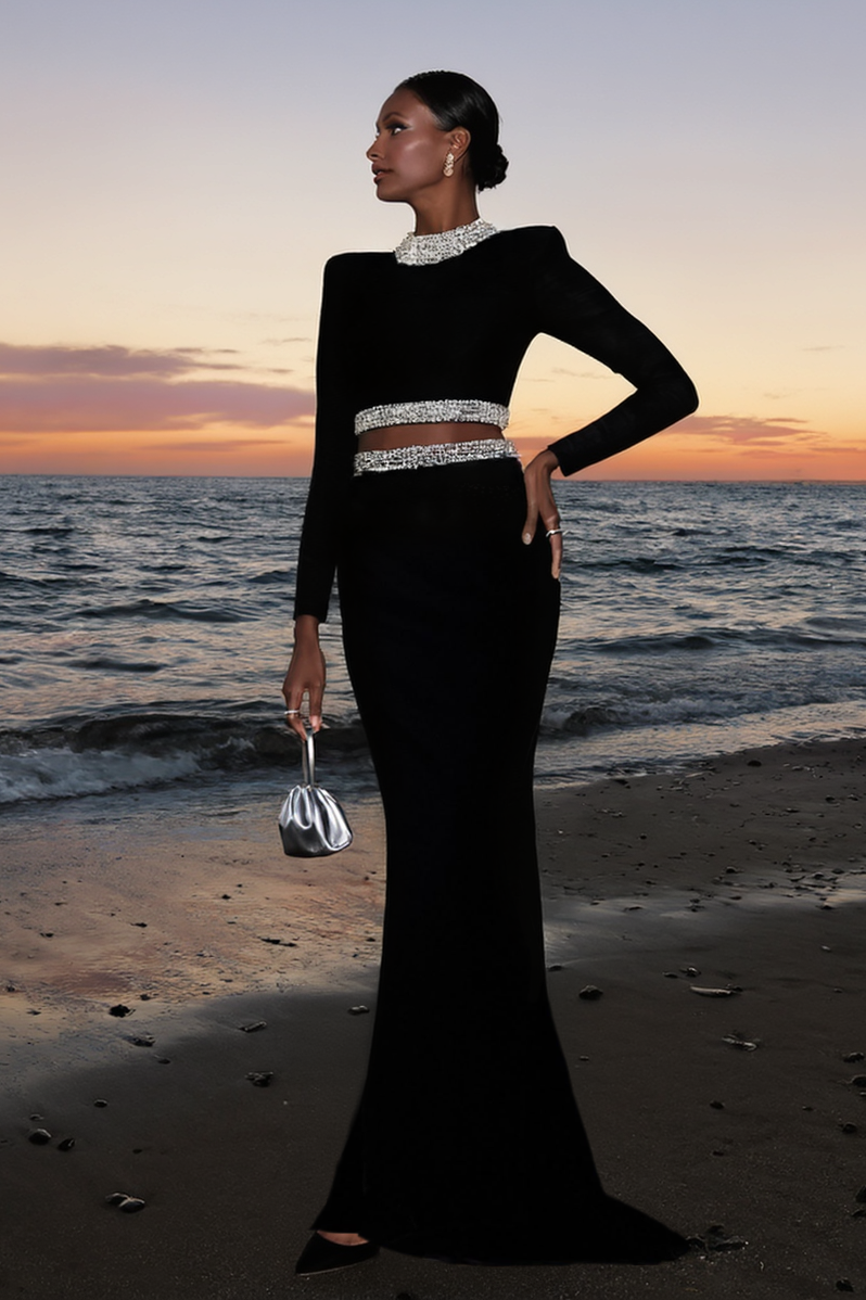 Formal Evening Outfit Sets Dress Black Maxi Long Sleeve Skirts Set