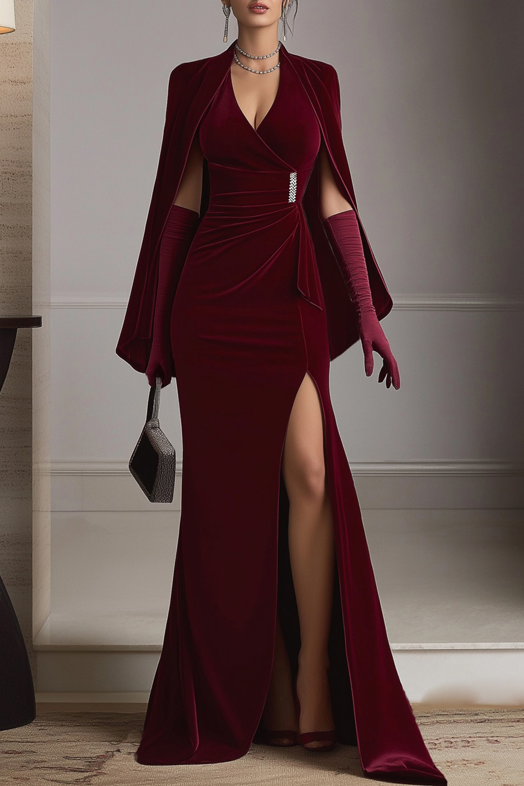 Formal Evening Dress Burgundy Cape Slit Maxi Dress