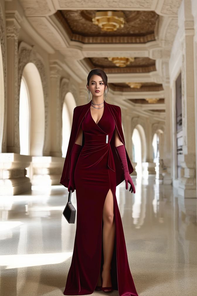 Formal Evening Dress Burgundy Cape Slit Maxi Dress