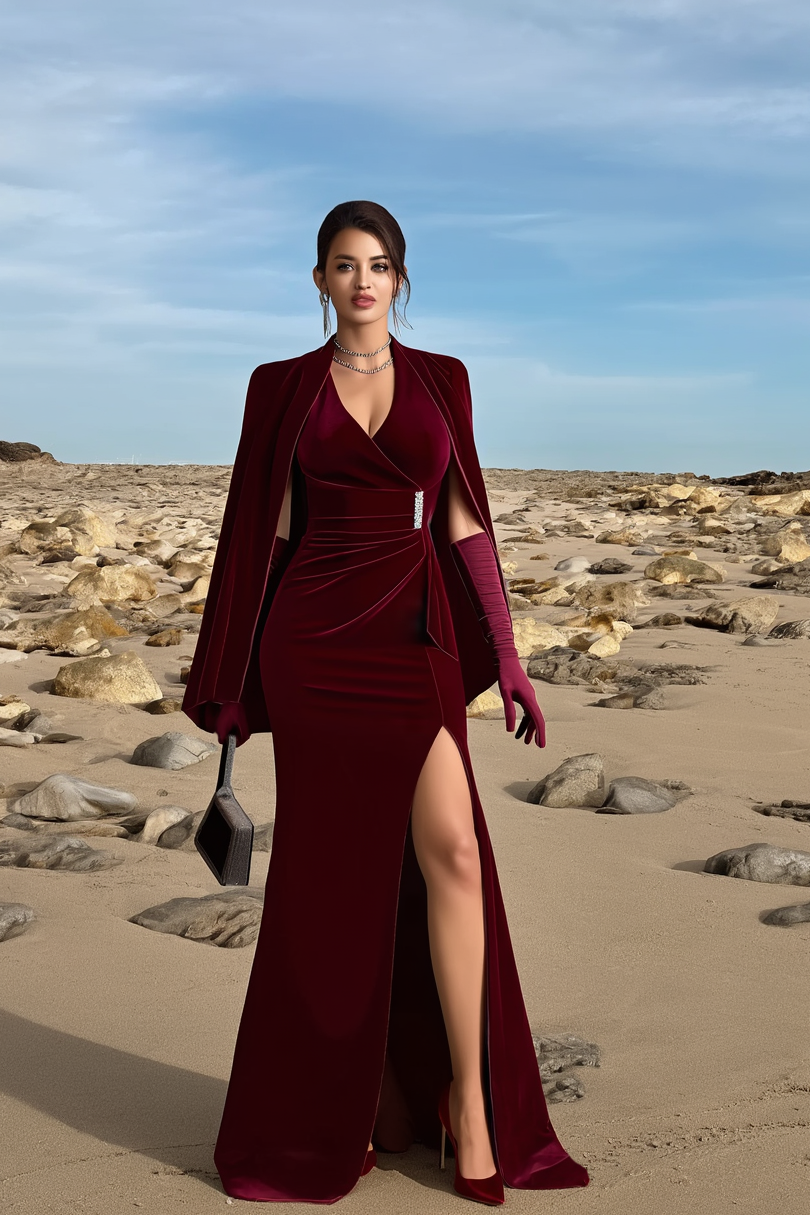 Formal Evening Dress Burgundy Cape Slit Maxi Dress