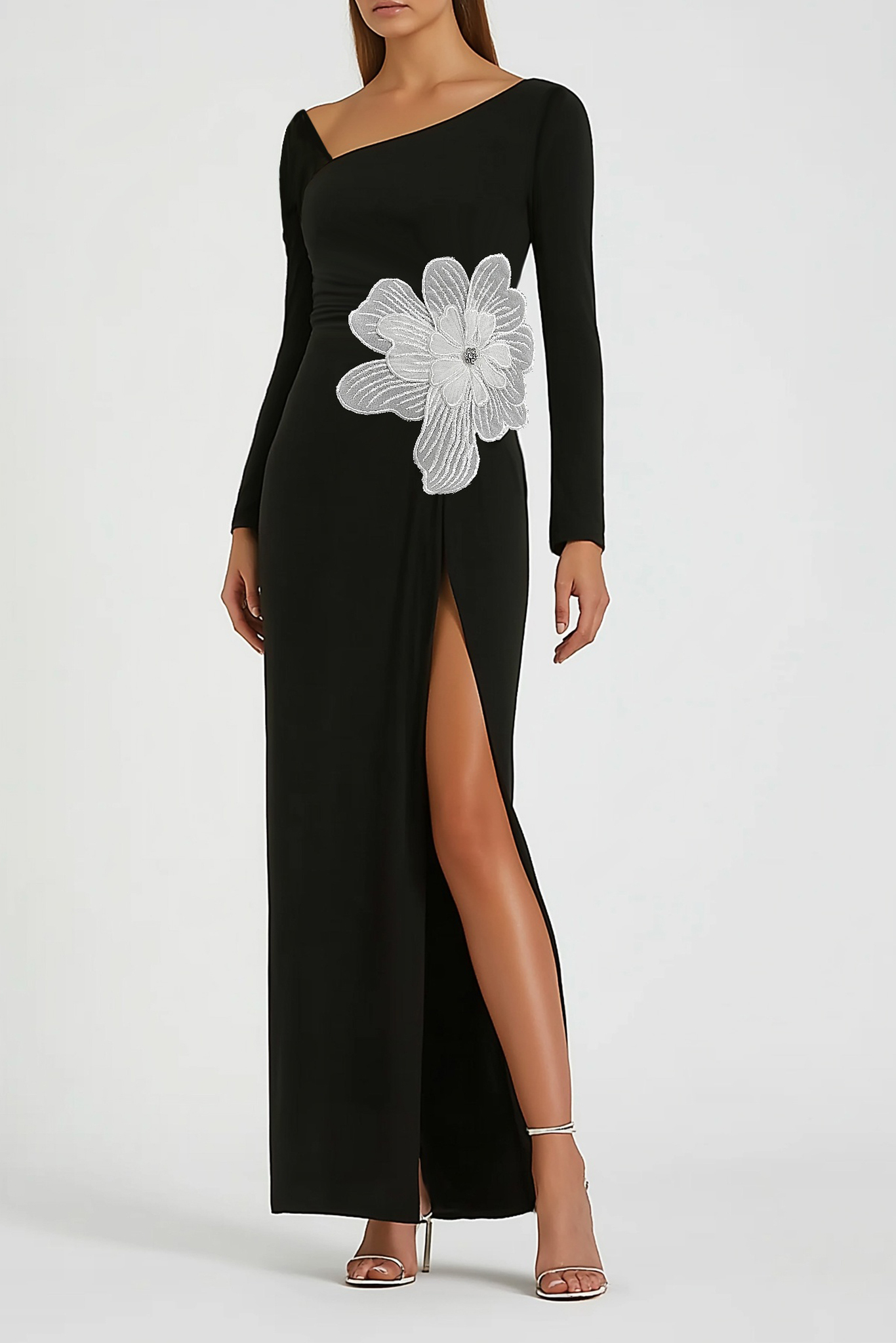 Formal Evening Dress Black V Neck Floral Slit Maxi Long Sleeve Dress