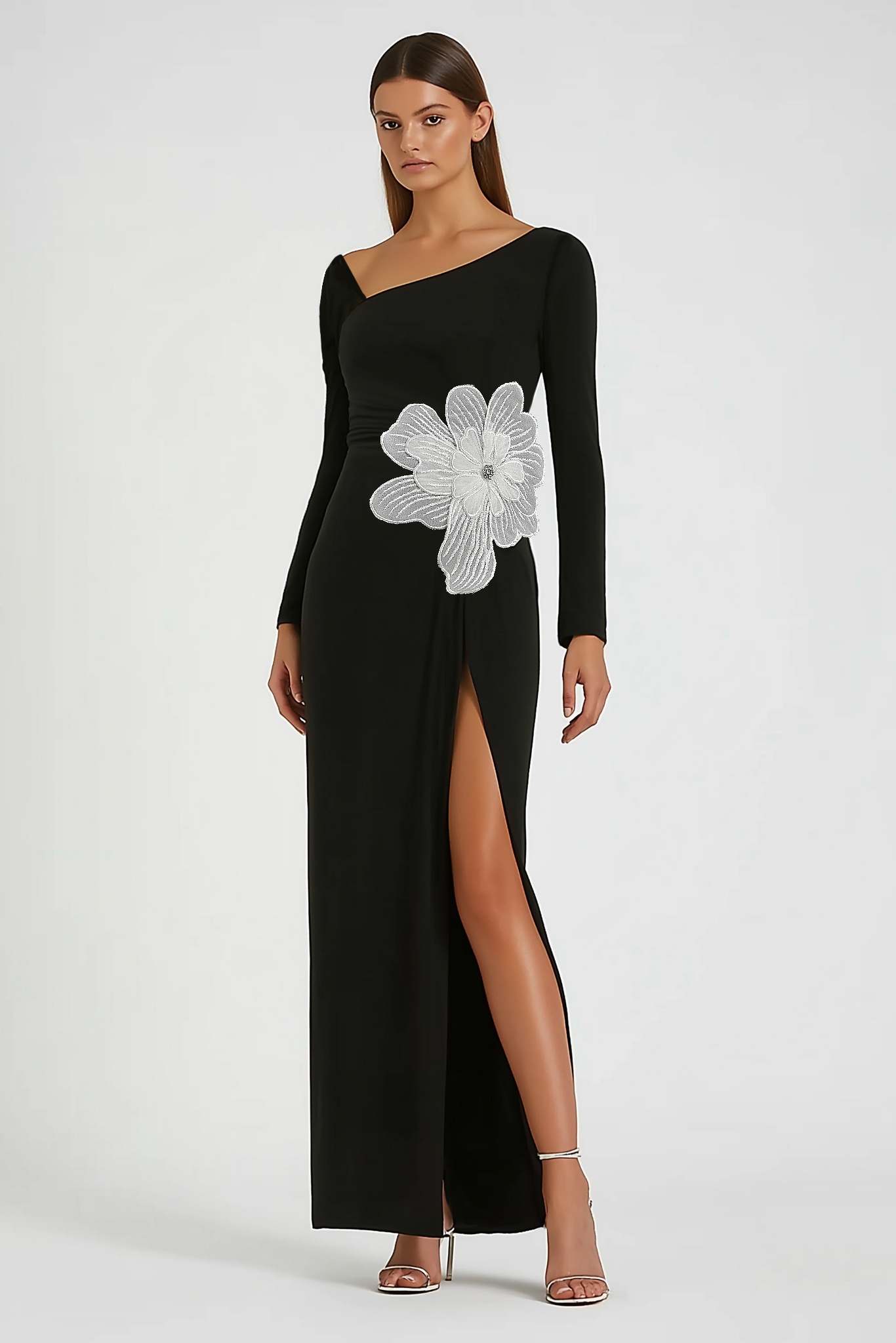 Formal Evening Dress Black V Neck Floral Slit Maxi Long Sleeve Dress