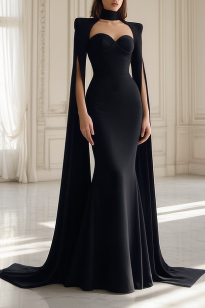 Formal Evening Dress Black Stand Collar Cape Maxi Dress