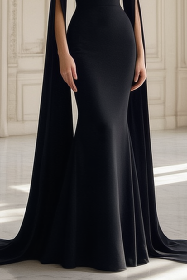Formal Evening Dress Black Stand Collar Cape Maxi Dress