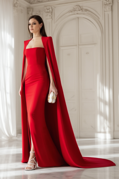 Formal Evening Dress Red Strapless Cape Maxi Dress