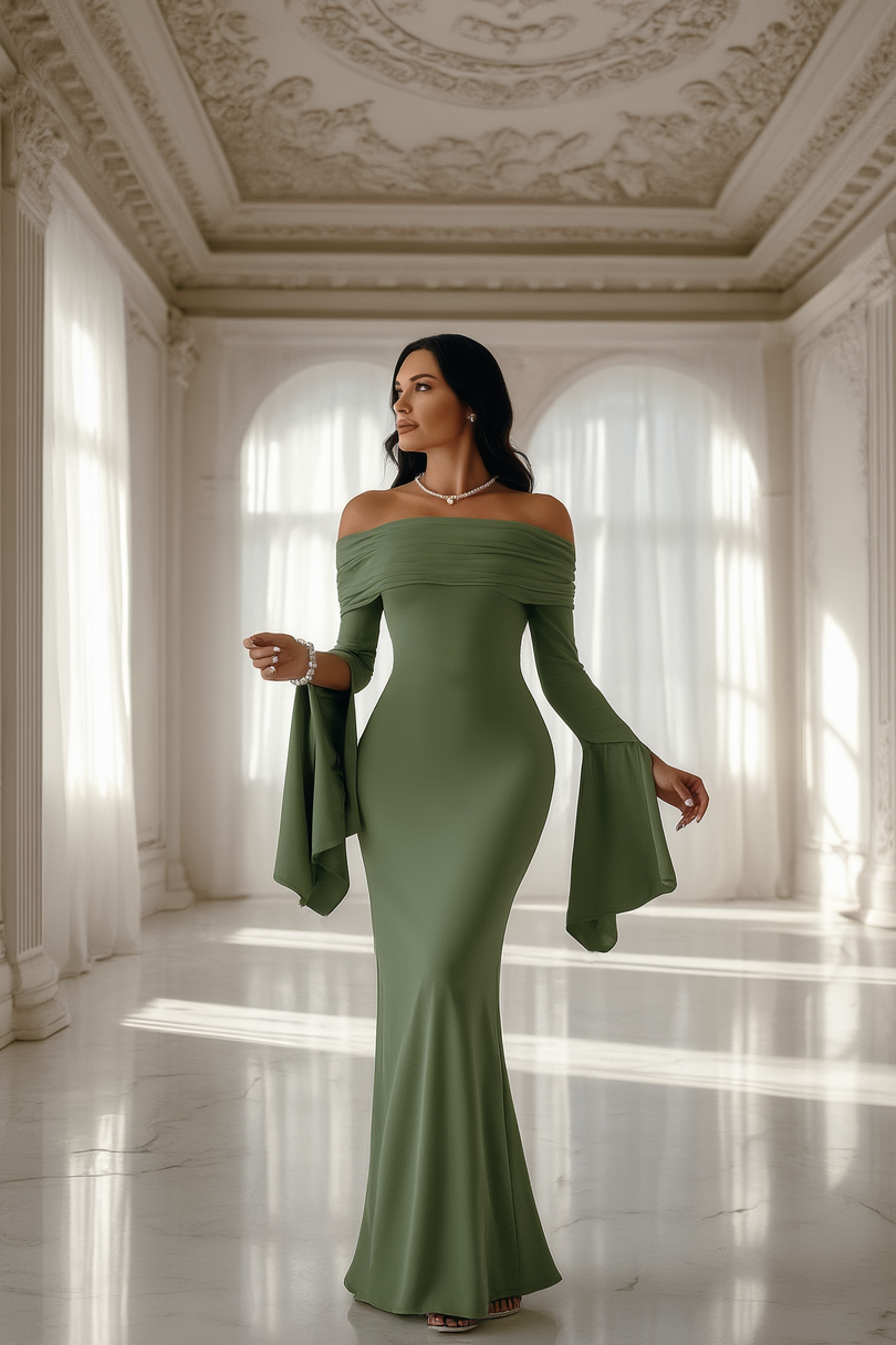 Formal Evening Dress Green Off Shoulder Maxi Long Sleeve Dress