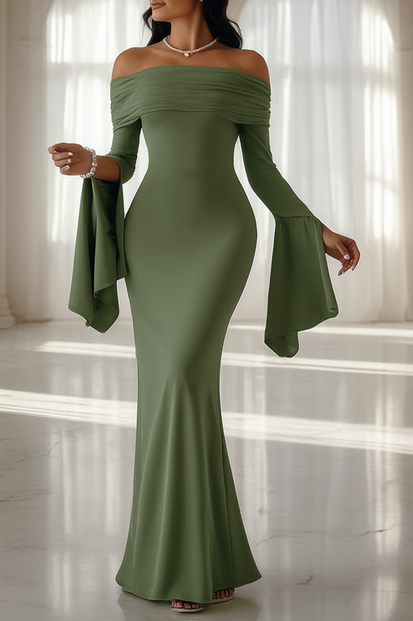 Formal Evening Dress Green Off Shoulder Maxi Long Sleeve Dress