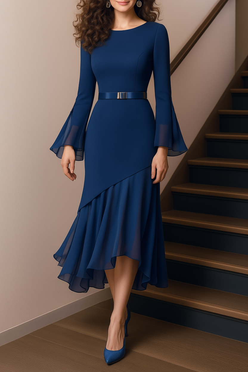 Cocktail Party Dress Blue Crew Neck Belted Chiffon Midi Dress