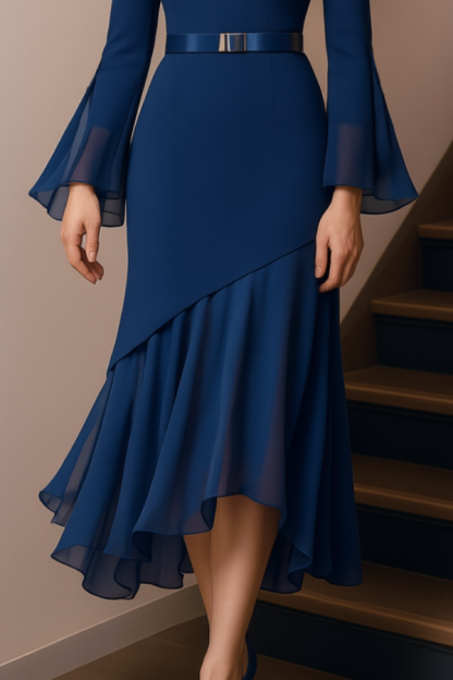 Cocktail Party Dress Blue Crew Neck Belted Chiffon Midi Dress