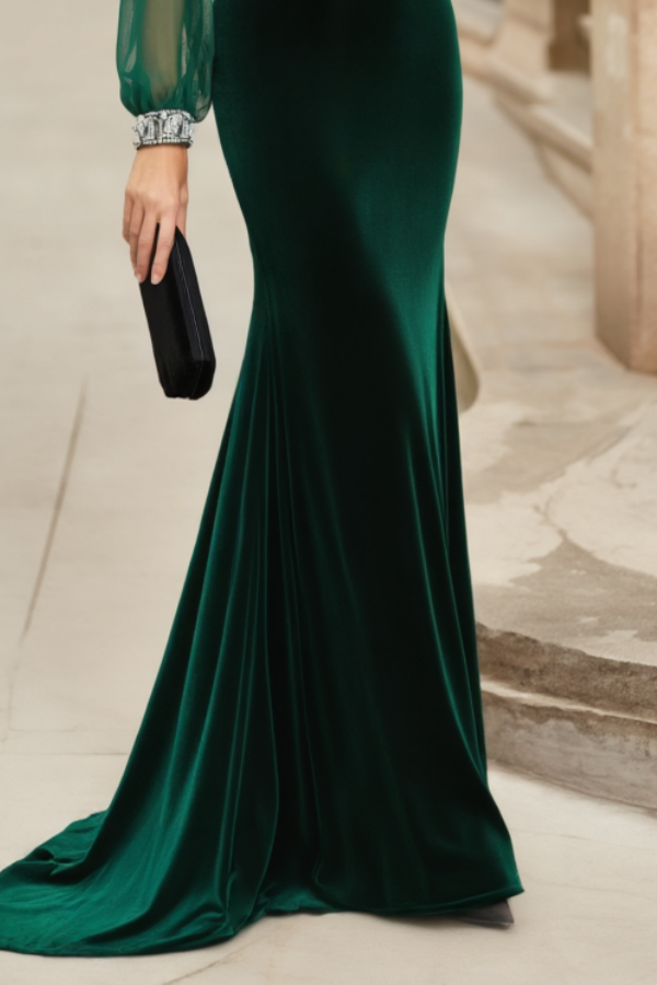 Formal Evening Dress Green Stand Neck Velvet Maxi Dress