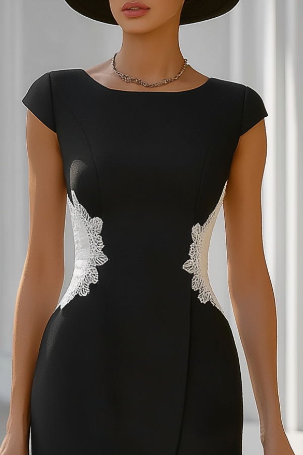 Cocktail Party Dress Black White Crew Neck Midi Dress