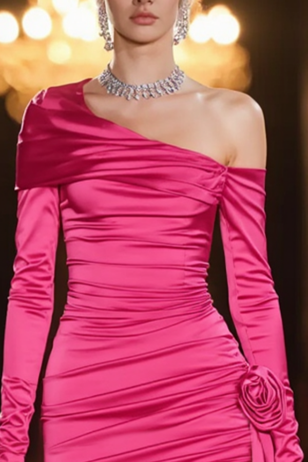 Homecoming Dress​​ Rose One Shoulder Satin Mini Long Sleeve Dress