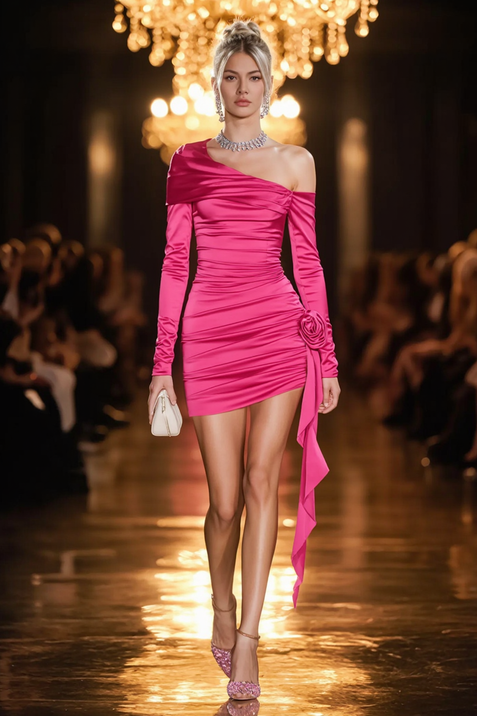 Homecoming Dress​​ Rose One Shoulder Satin Mini Long Sleeve Dress