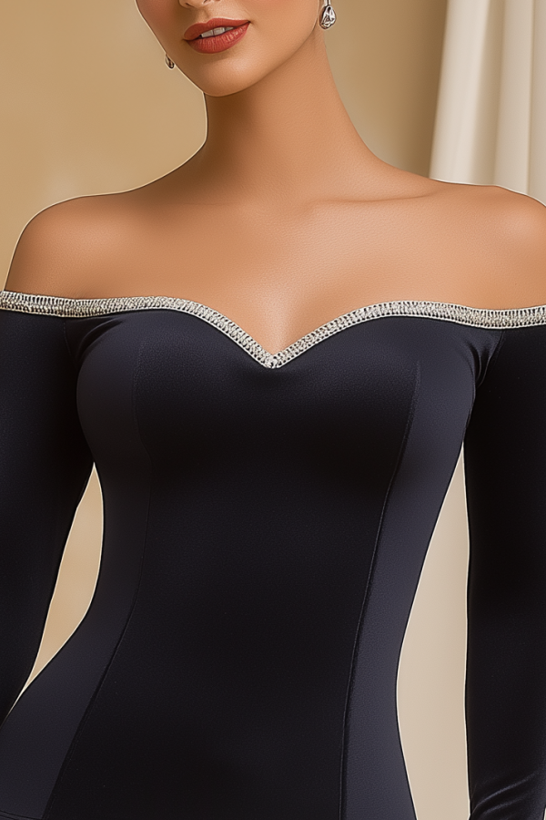 Homecoming Dress​​ Navy One Shoulder Velvet Mini Long Sleeve Dress