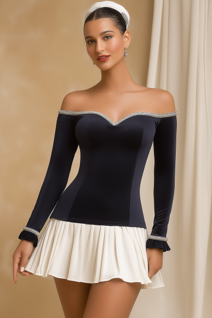 Homecoming Dress​​ Navy One Shoulder Velvet Mini Long Sleeve Dress