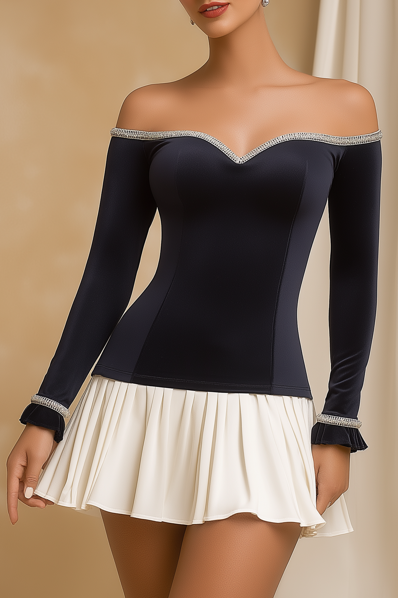 Homecoming Dress​​ Navy One Shoulder Velvet Mini Long Sleeve Dress