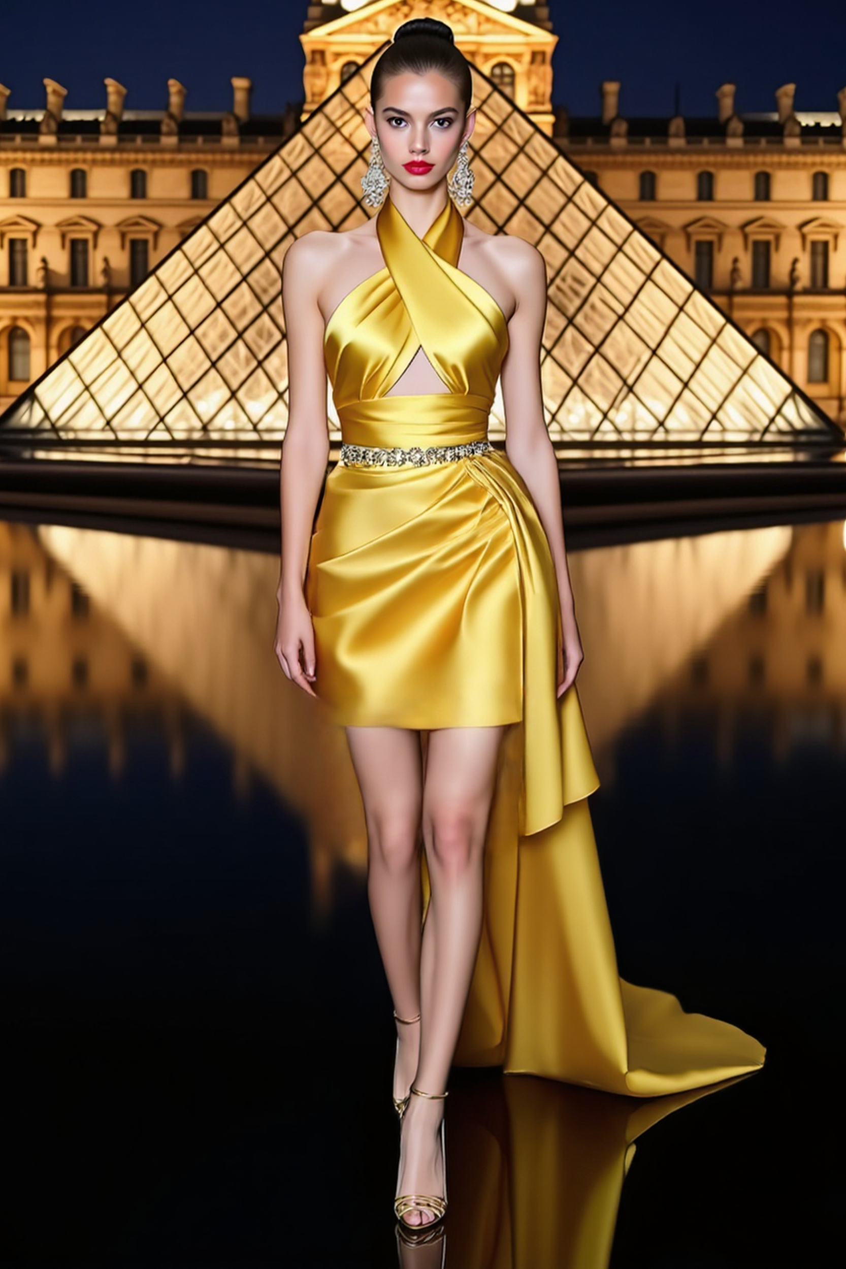 Homecoming Dress​​ Yellow Halter Neck Satin Plus High Low Dress