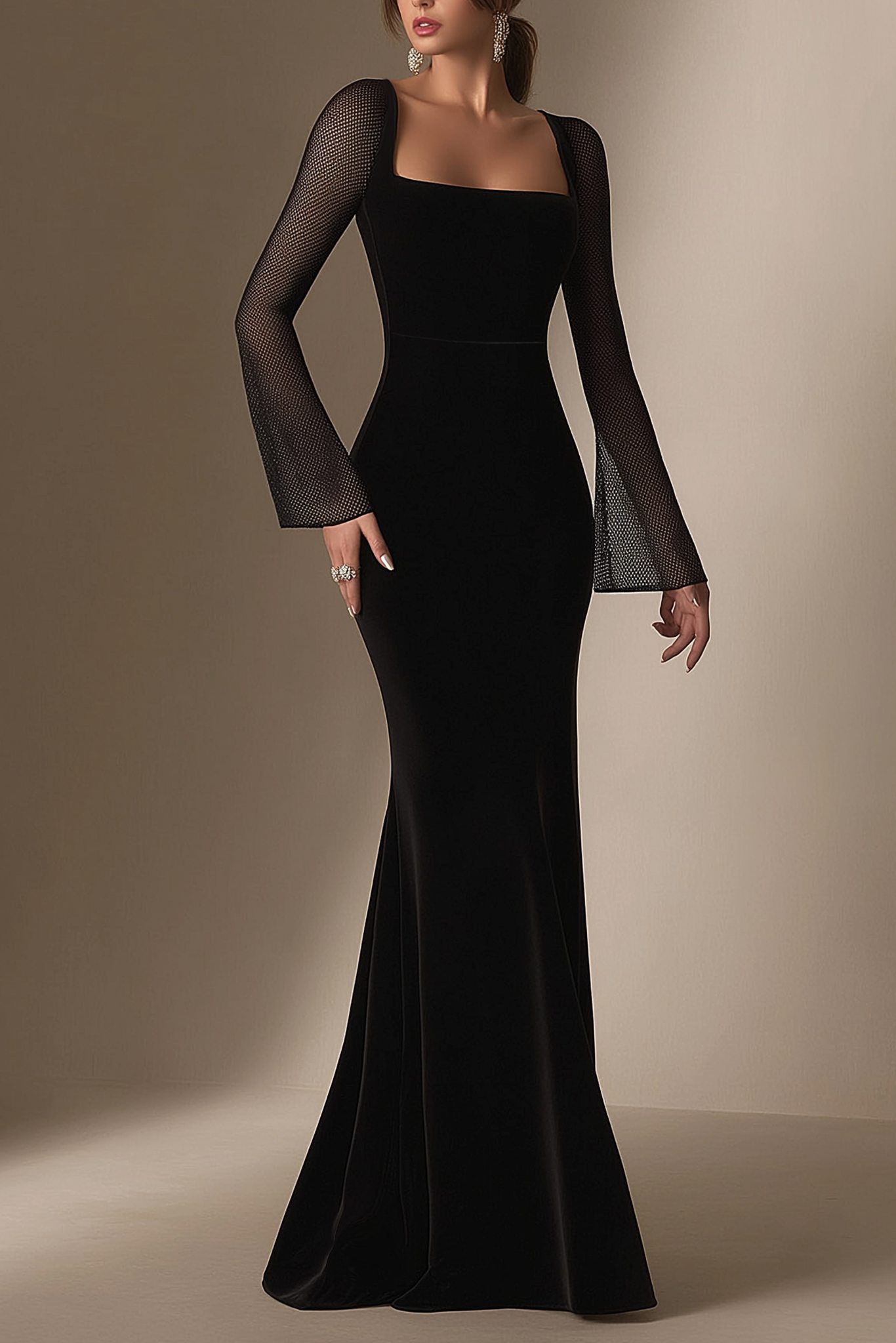 Formal Evening Dress Black Square Neck Mesh Maxi Dress