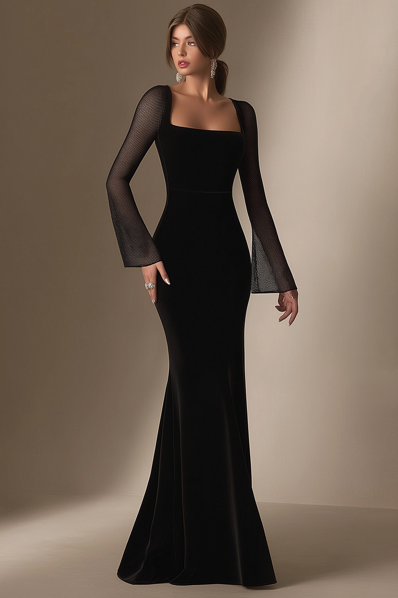 Formal Evening Dress Black Square Neck Mesh Maxi Dress