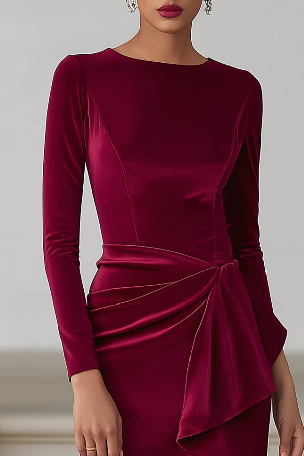 Cocktail Party Dress Burgundy Crew Neck Ruffle Midi Velvet Dress