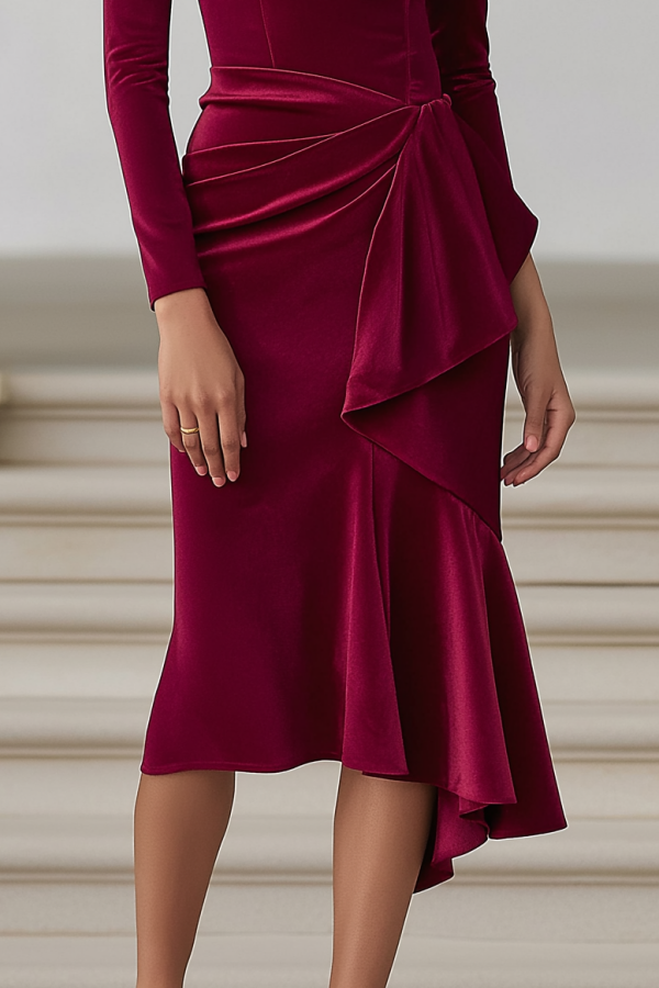 Cocktail Party Dress Burgundy Crew Neck Ruffle Midi Velvet Dress