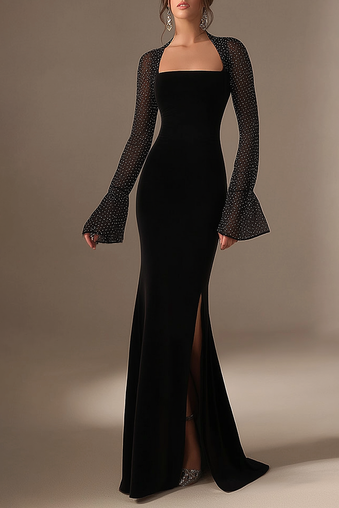 Formal Evening Dress Black Square Neck Dot Chiifon Maxi Dress