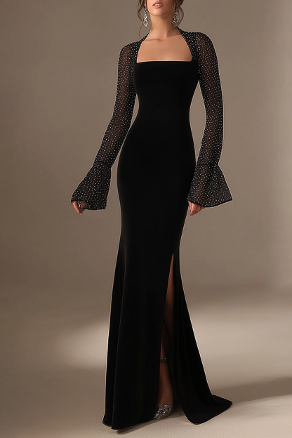 Formal Evening Dress Black Square Neck Dot Chiifon Maxi Dress