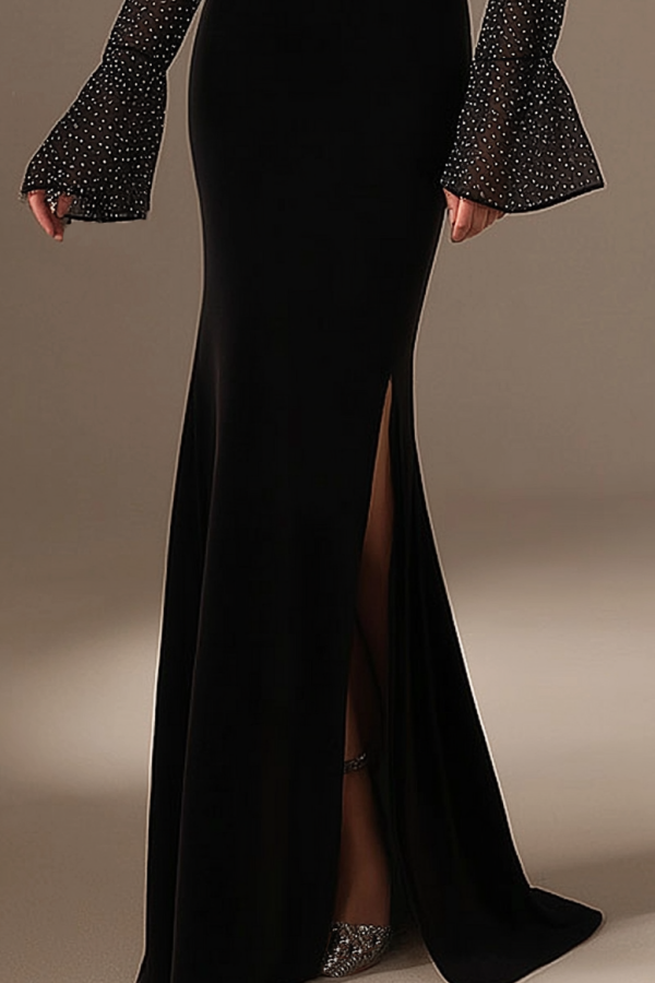 Formal Evening Dress Black Square Neck Dot Chiifon Maxi Dress