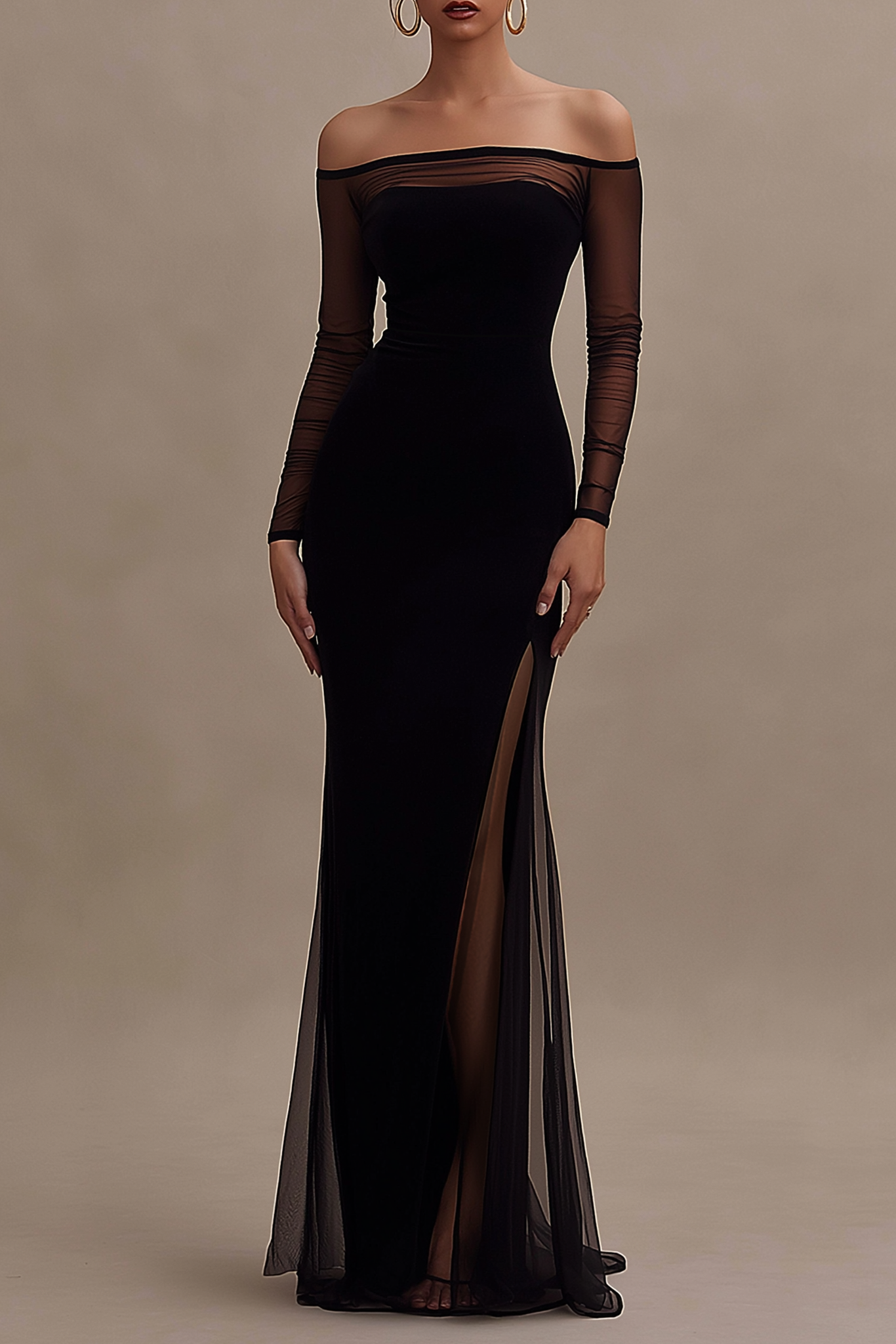 Formal Evening Dress Burgundy Off Shoulder Mesh Maxi Dress