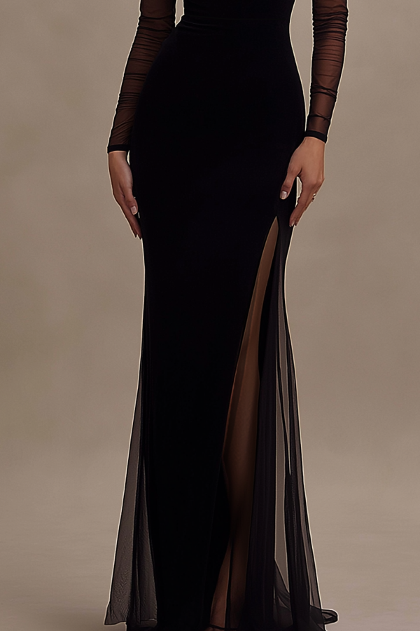 Formal Evening Dress Burgundy Off Shoulder Mesh Maxi Dress