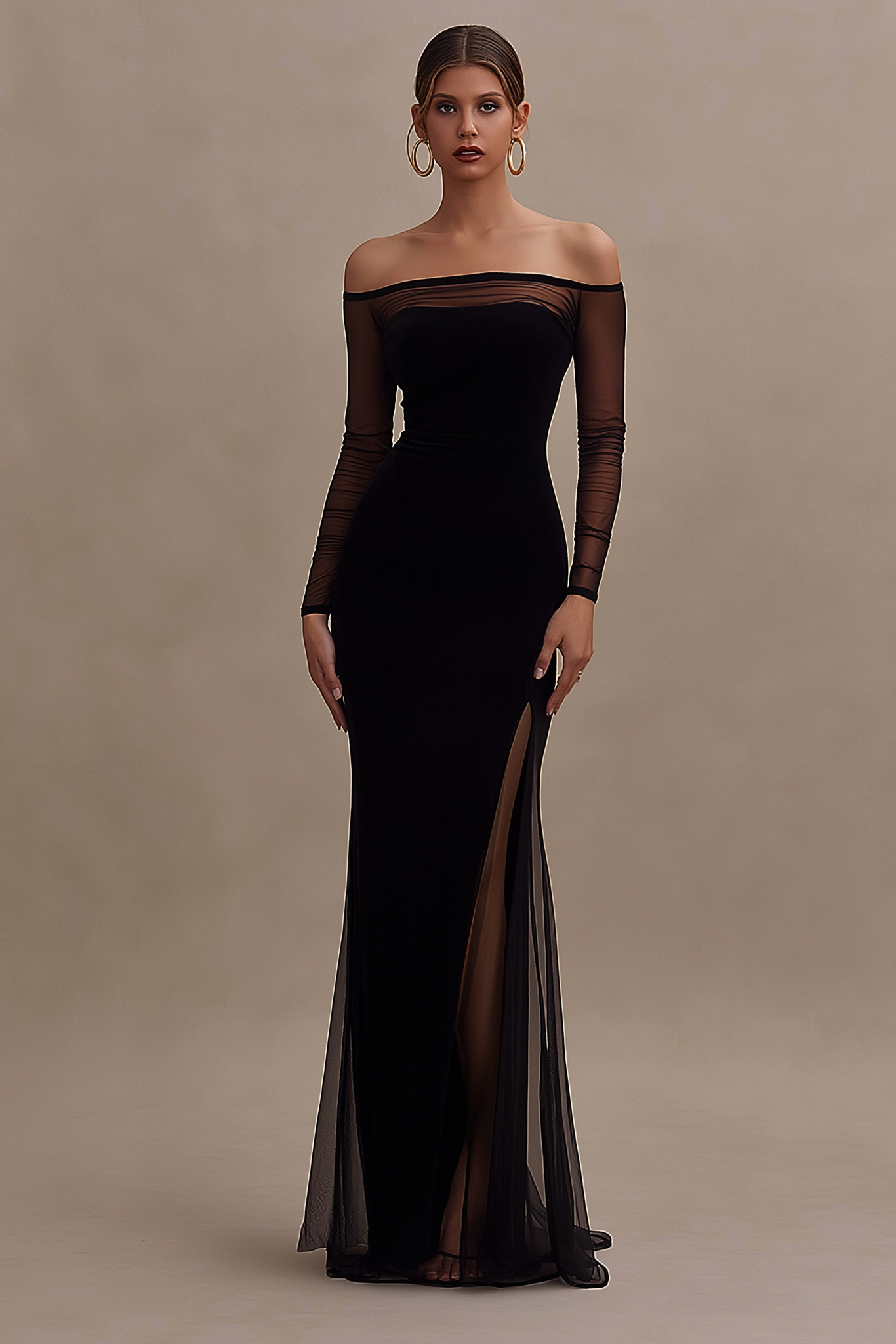 Formal Evening Dress Burgundy Off Shoulder Mesh Maxi Dress