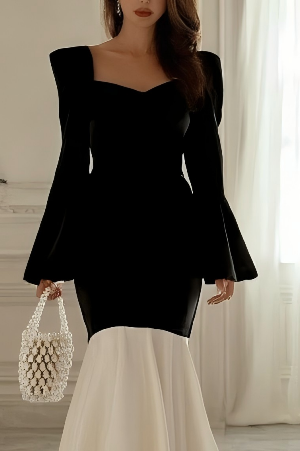 Formal Evening Dress Black White Sweetheart Neck Mermaid Maxi Dress