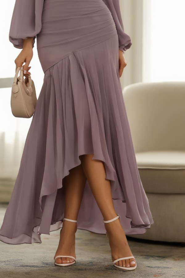 Formal Evening Dress Purple Square Neck Ruffle Maxi Dress