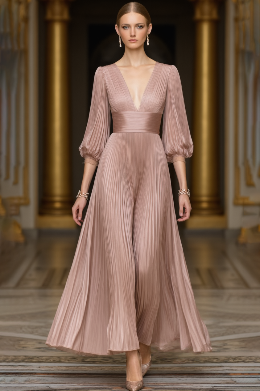 Formal Evening Dress Pink V Neck Pleated Maxi Dress