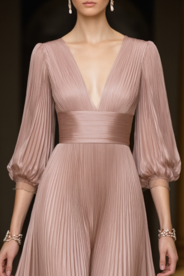 Formal Evening Dress Pink V Neck Pleated Maxi Dress
