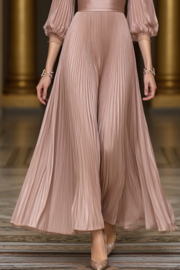 Formal Evening Dress Pink V Neck Pleated Maxi Dress