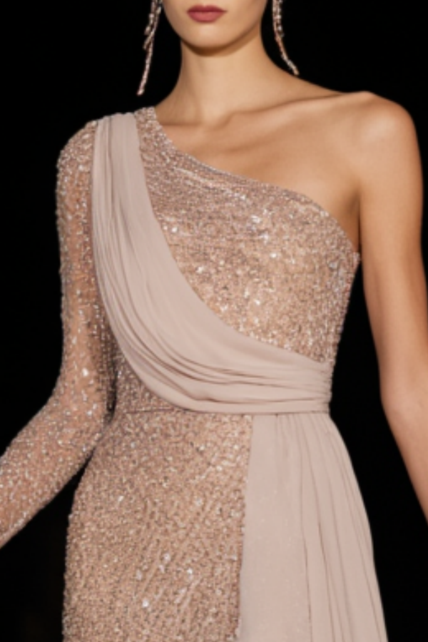 Cocktail Party Dress Pink One Shoulder Knee-Length Long Sleeve Sequin Dress